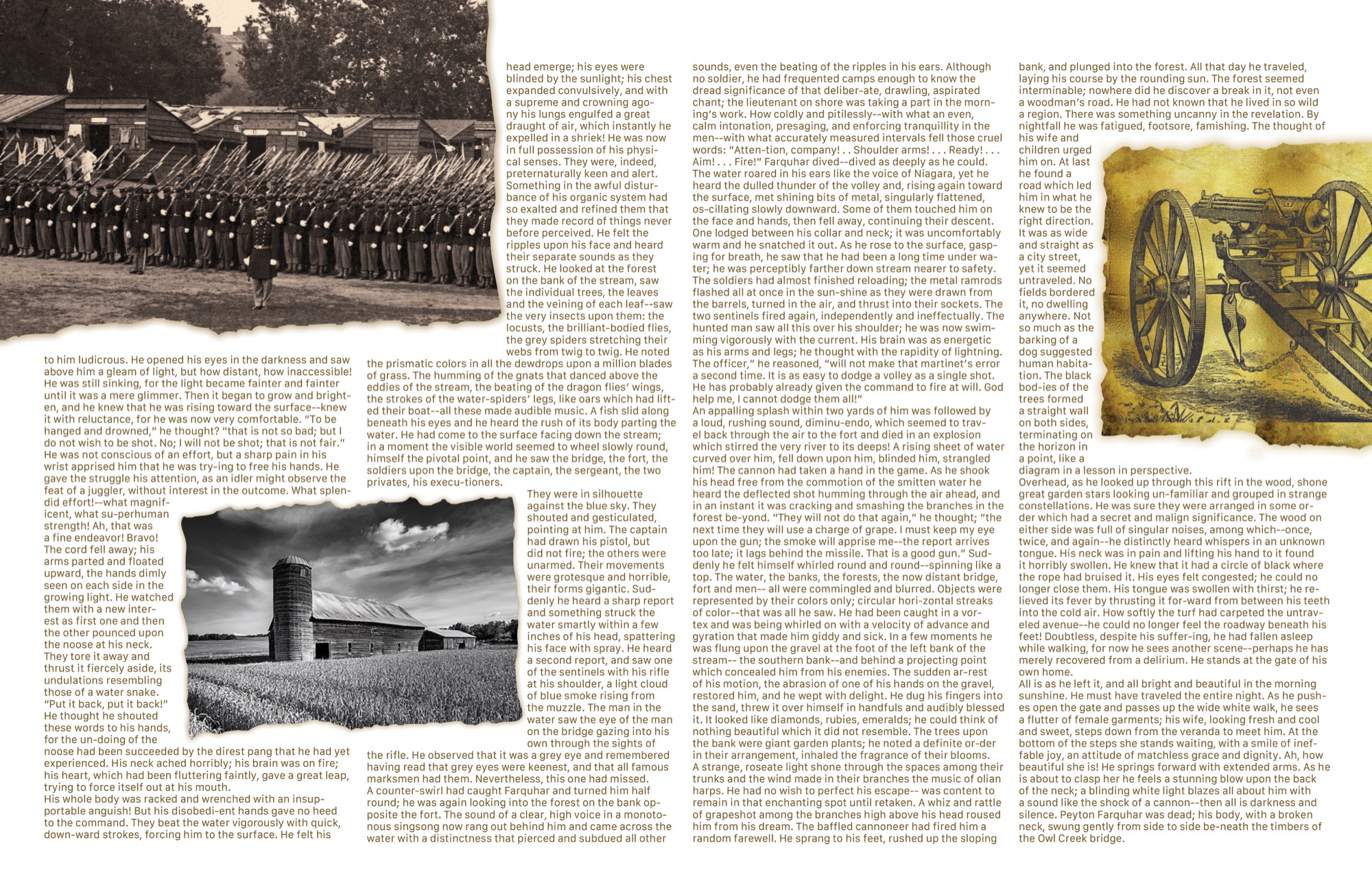 Historical page with text, soldiers, a rural tower, and an antique cannon.