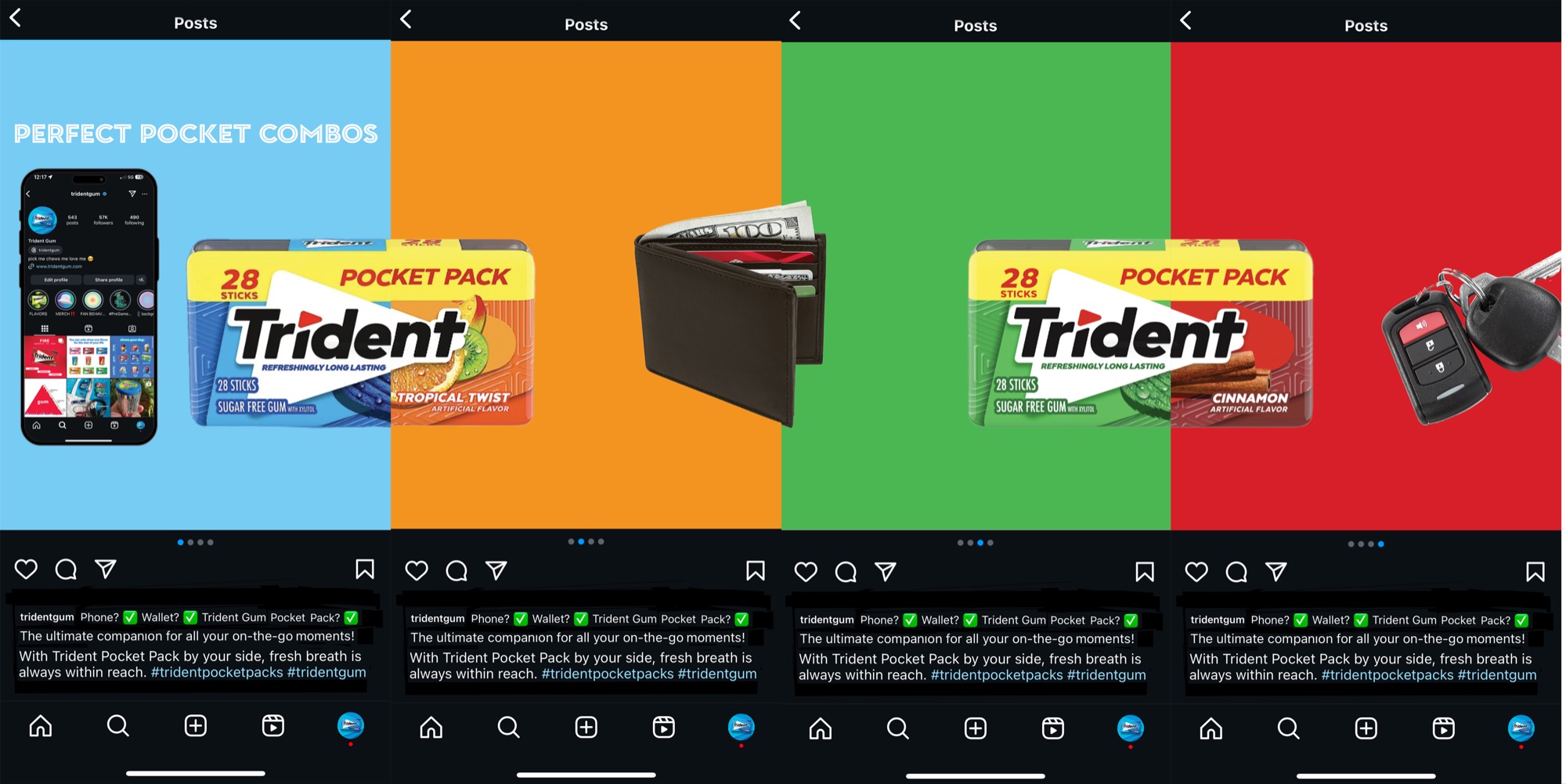 Trident Pocket Pack gum paired with phone, wallet, and car keys