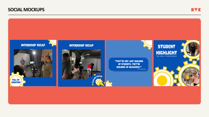 Social mockups for internship recap, quote post, and student highlight