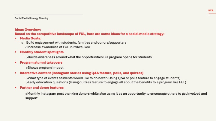 Social media strategic planning ideas including media goals, student spotlights, alumni takeovers, interactive content, and partner features