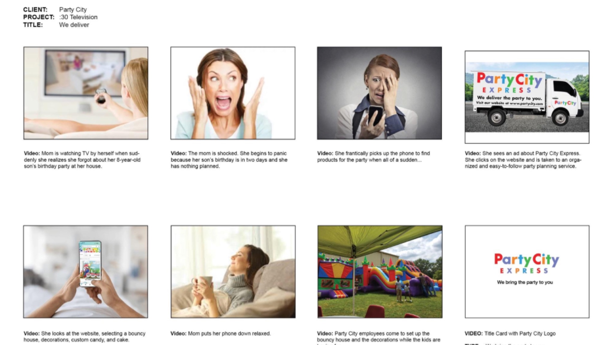 Storyboard: panicked mom uses Party City Express to plan a birthday party.