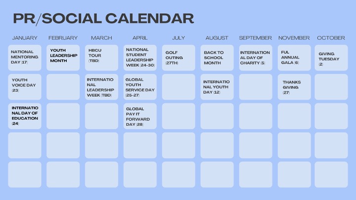 PR and social calendar with monthly events from January through October