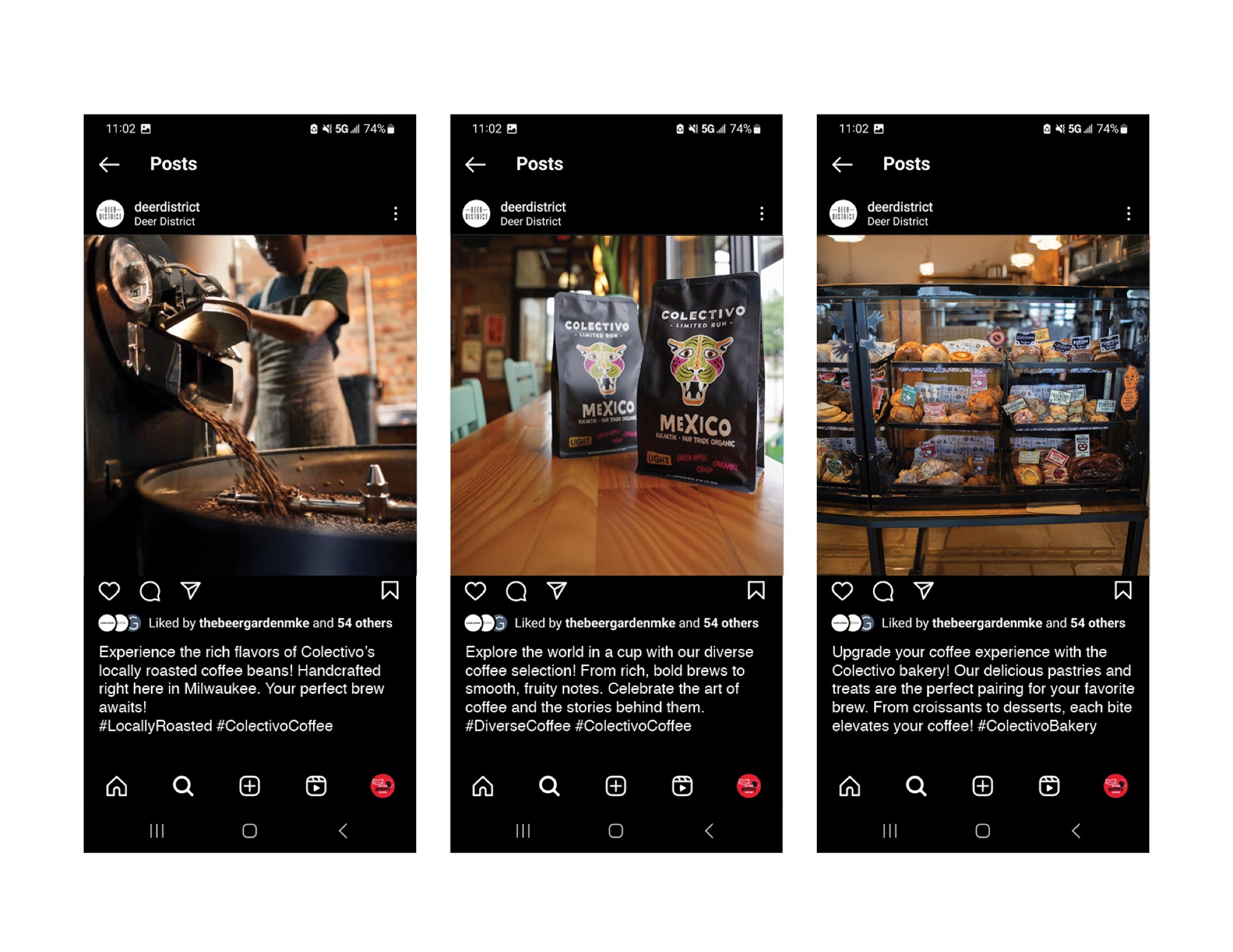 Social media posts about coffee: roasting, bags, shop