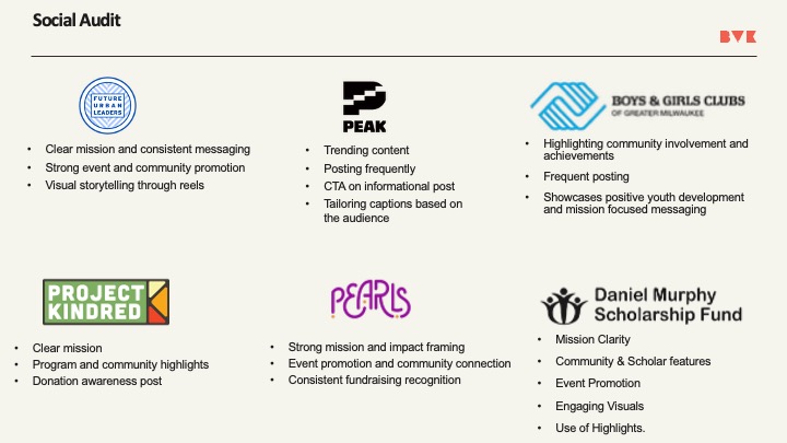 Social audit slide comparing nonprofit peer examples and main social strengths