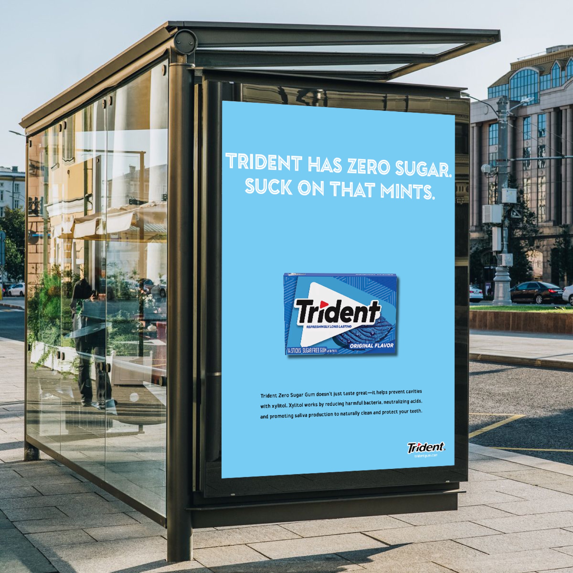Trident chewing gum ad: 'Zero Sugar. Suck On That Mints.'