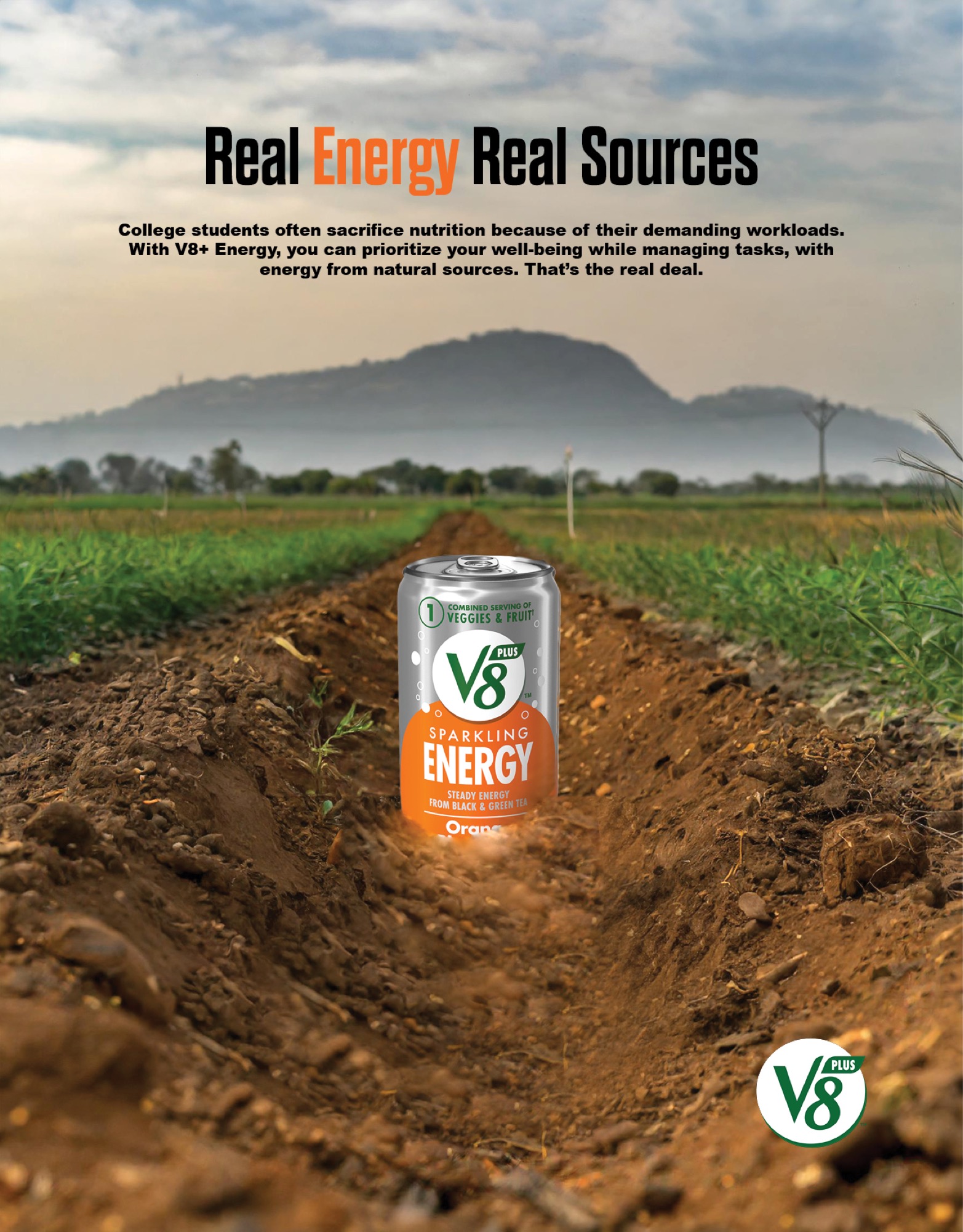 V8 Energy can in field. Text: Real Energy Real Sources.