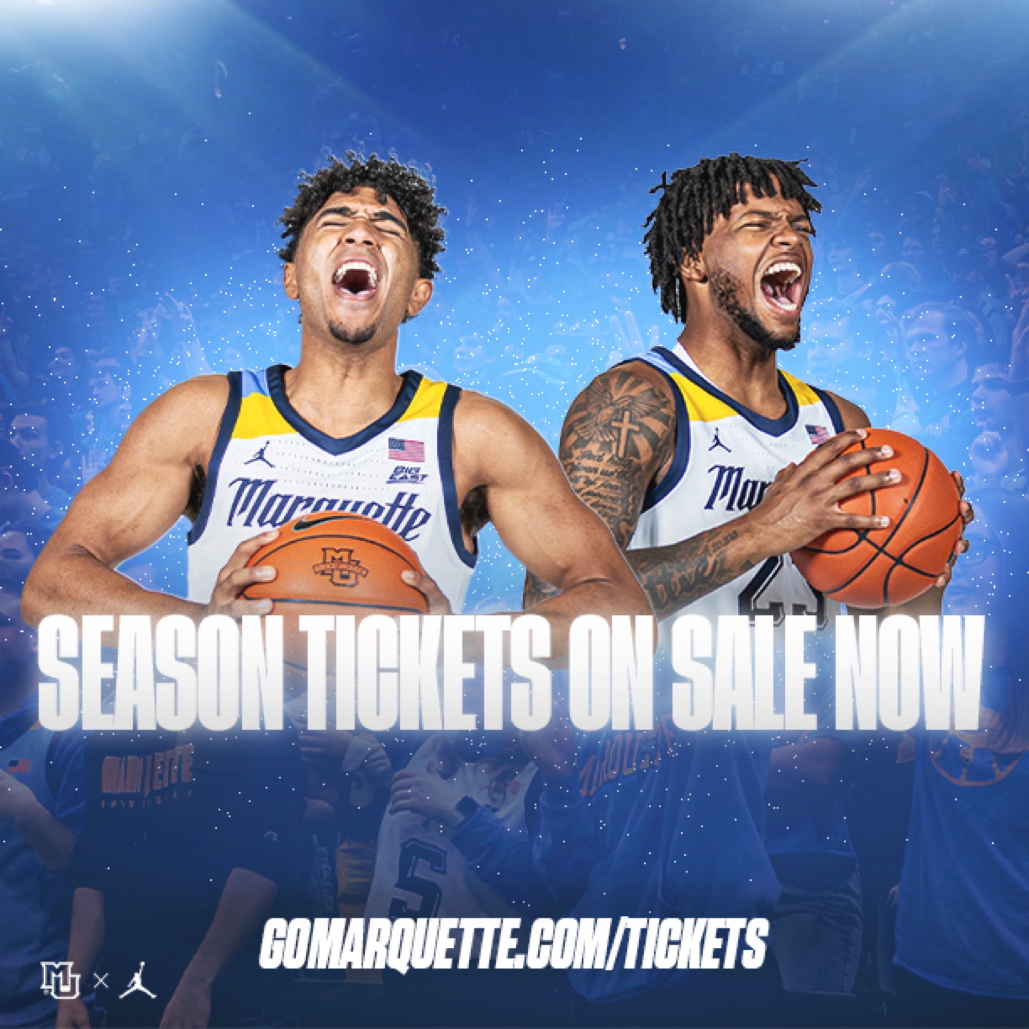 Marquette basketball players with "SEASON TICKETS ON SALE NOW" text.