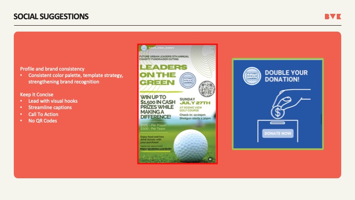 Social suggestions slide with Leaders on the Green flyer and Double Your Donation graphic