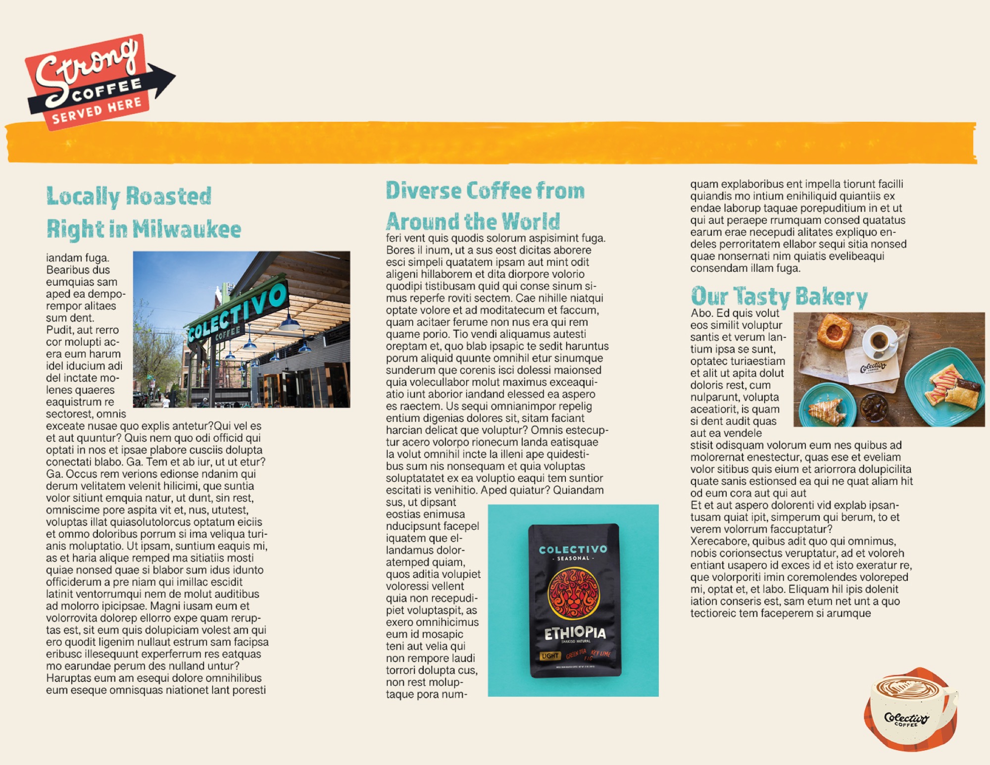 Sorong Coffee brochure with local roasts, global coffee, and bakery items