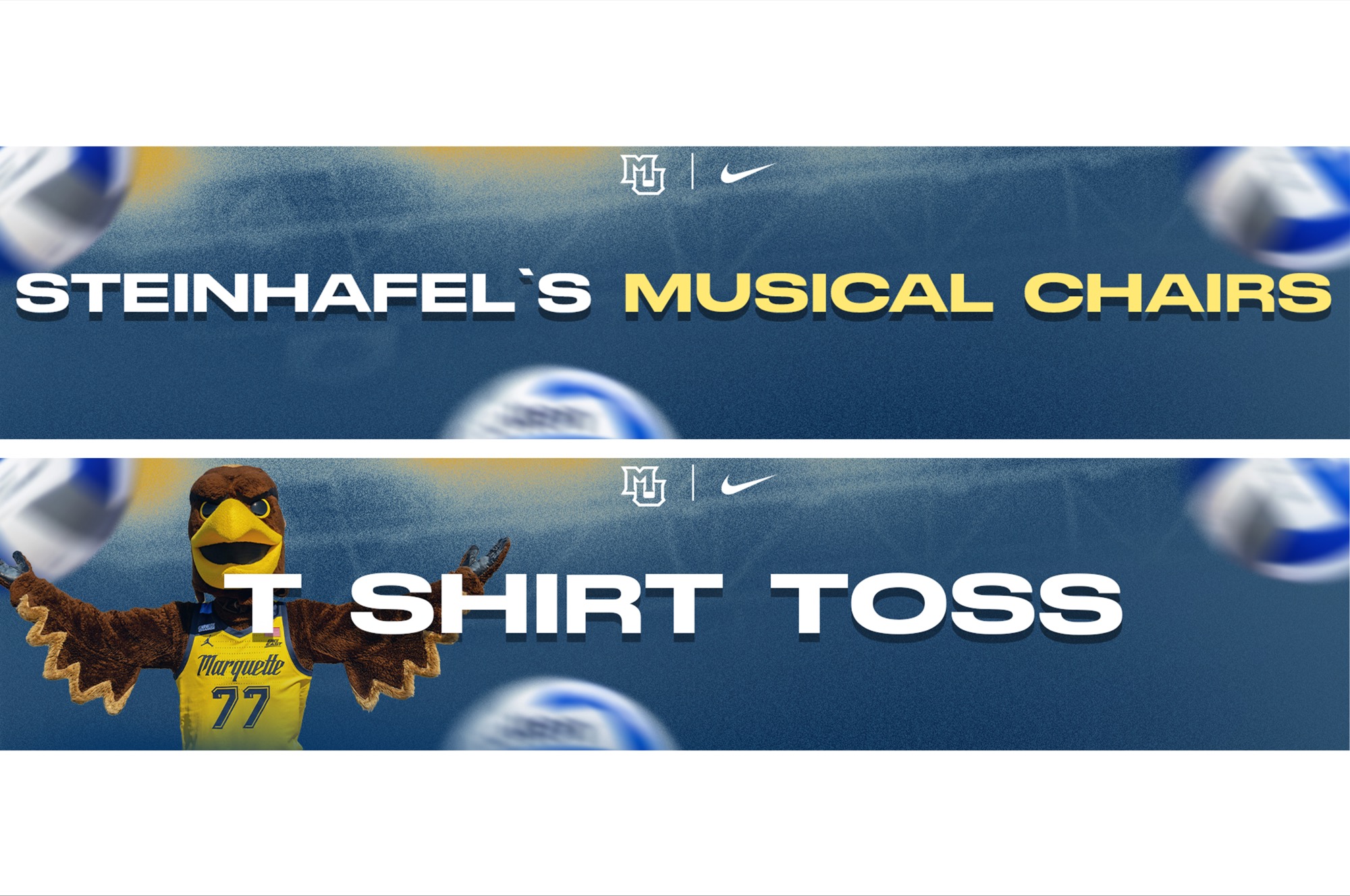 Steinhafel's Musical Chairs and T Shirt Toss banners with mascot