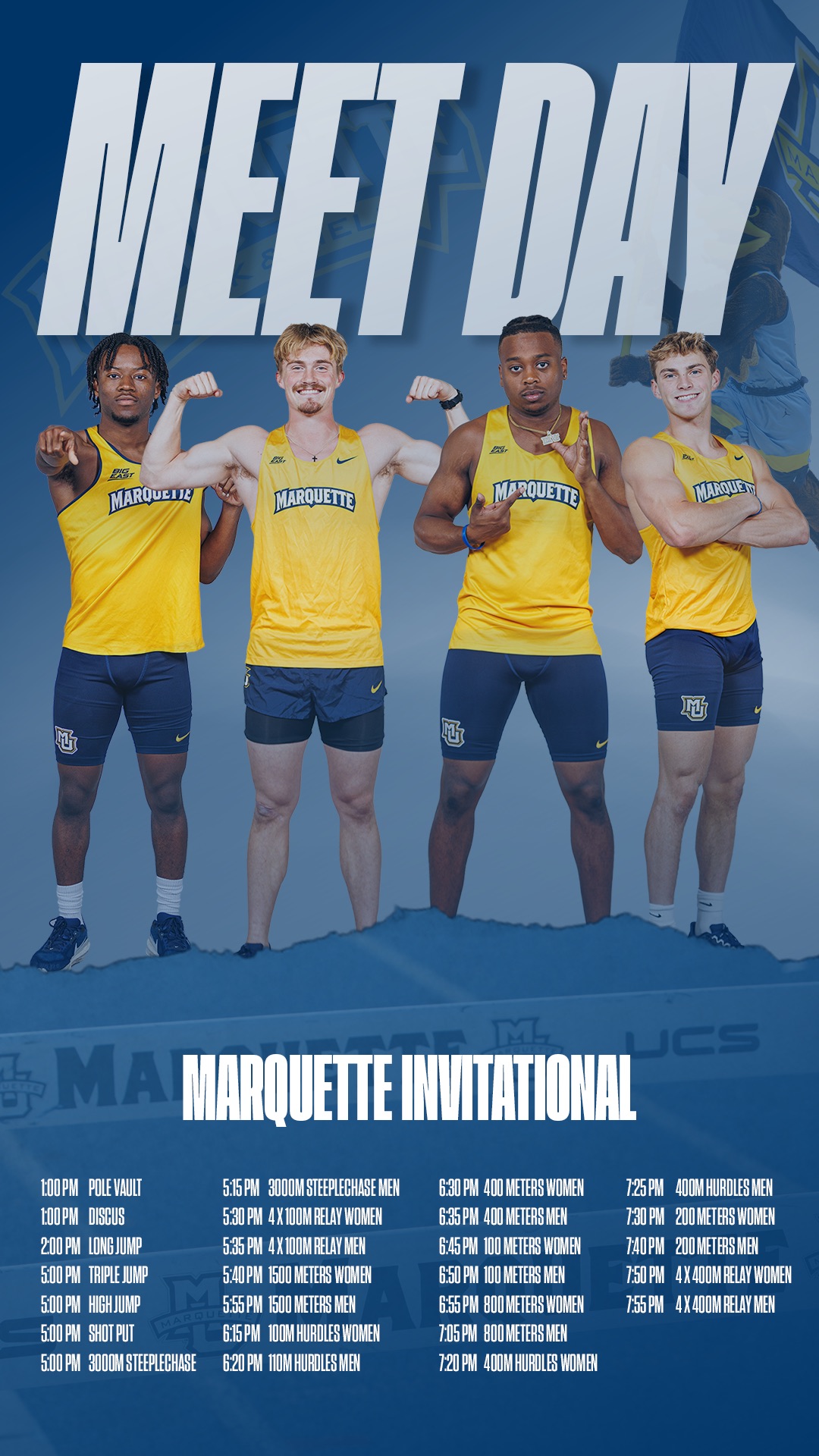 Meet Day: Marquette Invitational poster with four male athletes and event schedule.