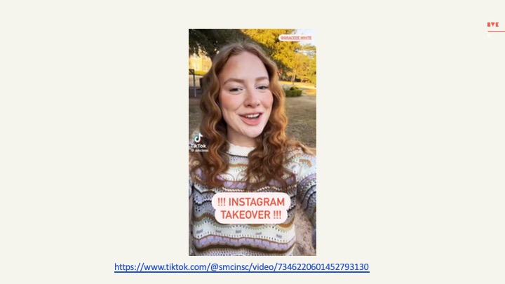 Alumni Meta takeover story example with Instagram takeover sticker and TikTok link