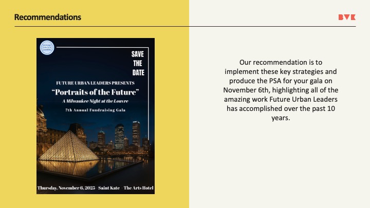 Recommendations slide with Portraits of the Future gala save the date