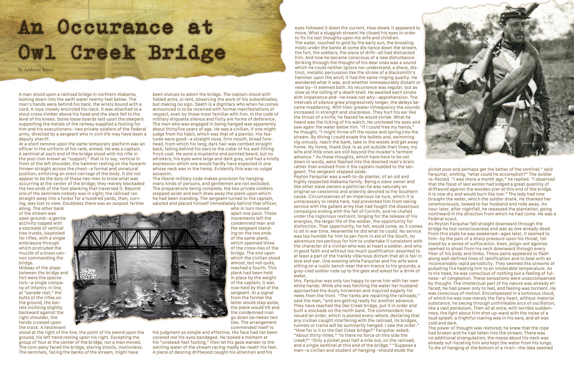 An Occurance at Owl Creek Bridge, historical images of a soldier and a bridge.