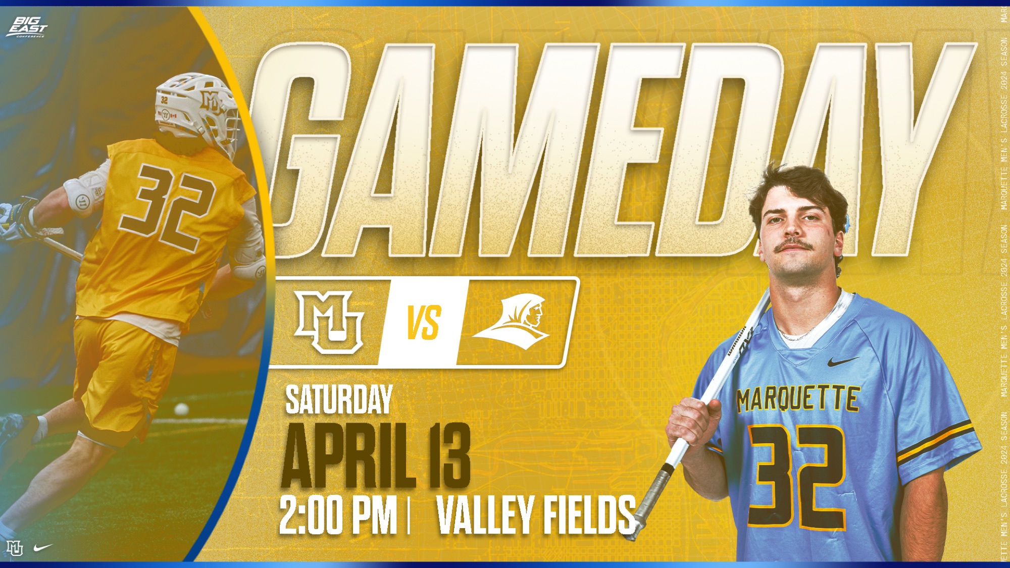 Marquette lacrosse gameday graphic: April 13, 2 PM, Valley Fields.