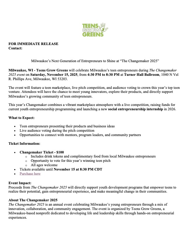 Teens Grow Greens Changemaker 2025 press release