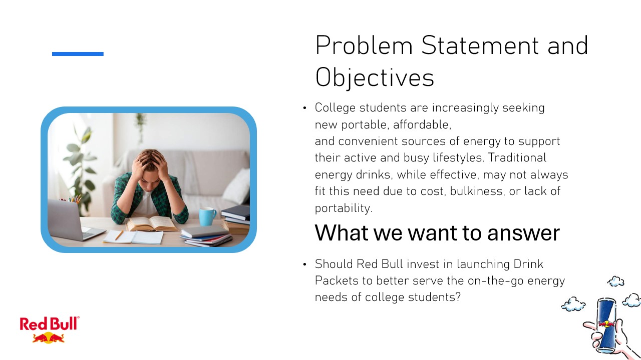 Presentation slide: Red Bull problem statement and objectives