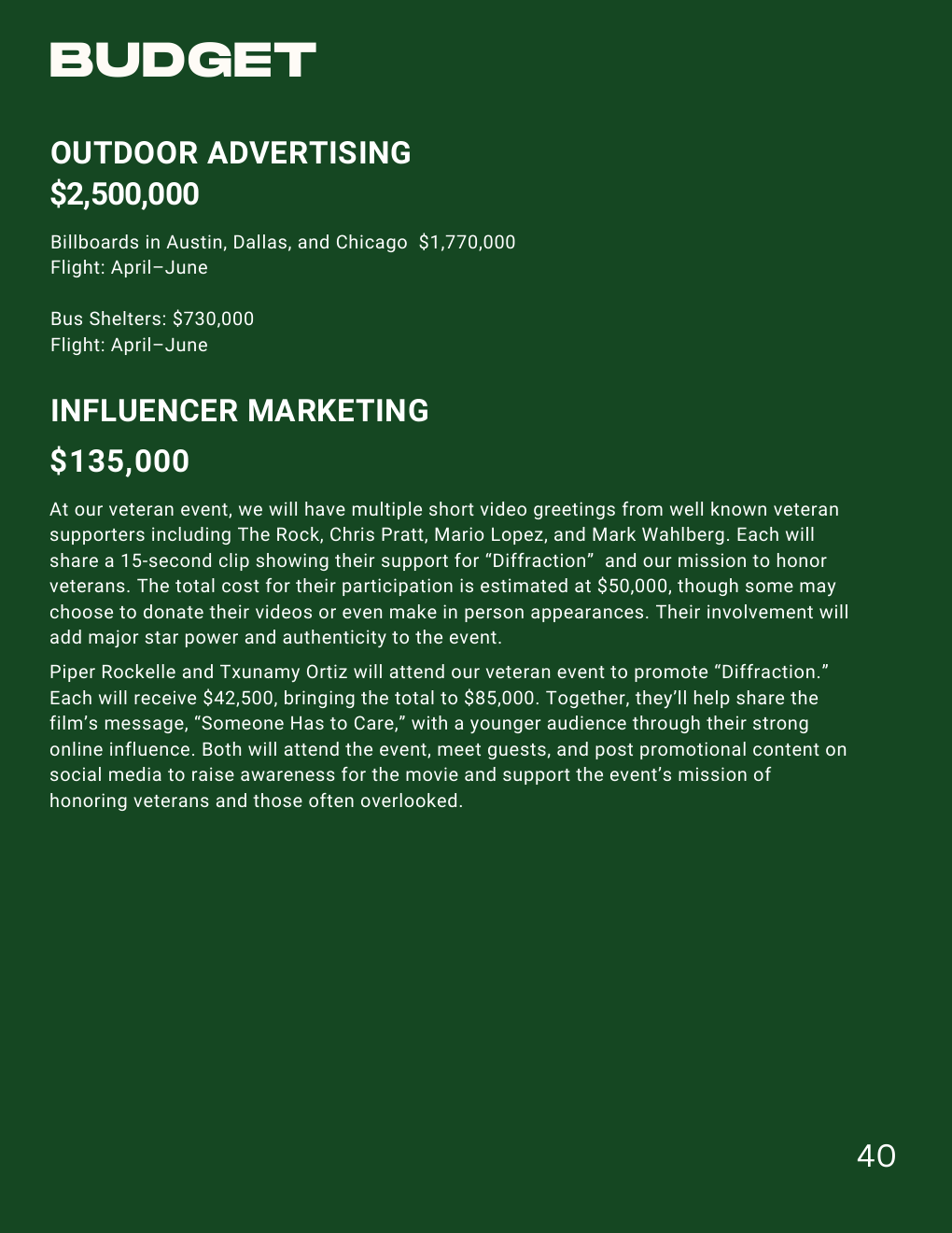 Diffraction budget page for outdoor advertising and influencer marketing