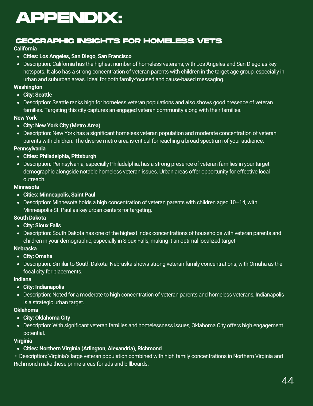 Diffraction appendix with geographic insights for homeless veterans