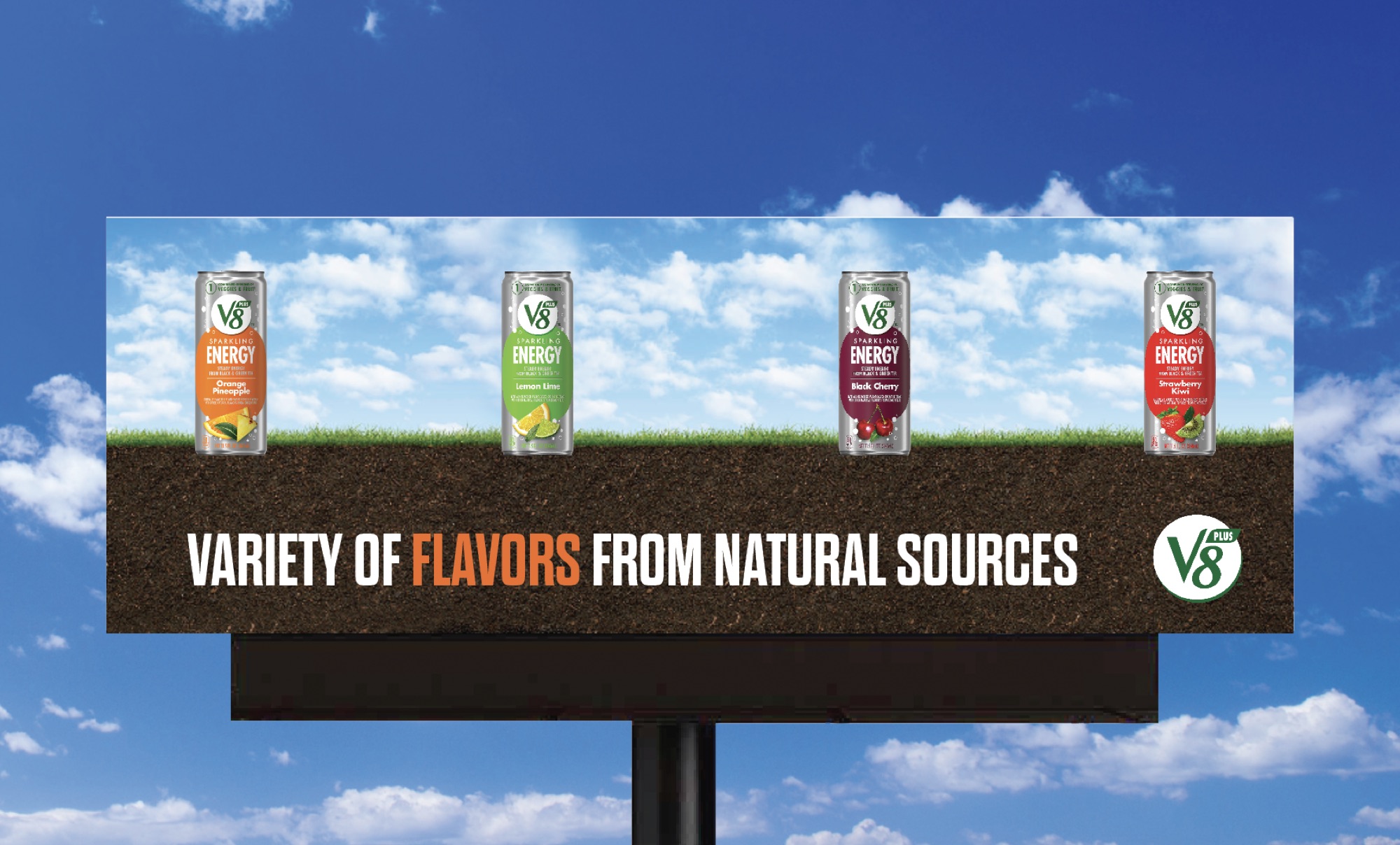 V8 Energy billboard: Variety of Flavors from Natural Sources