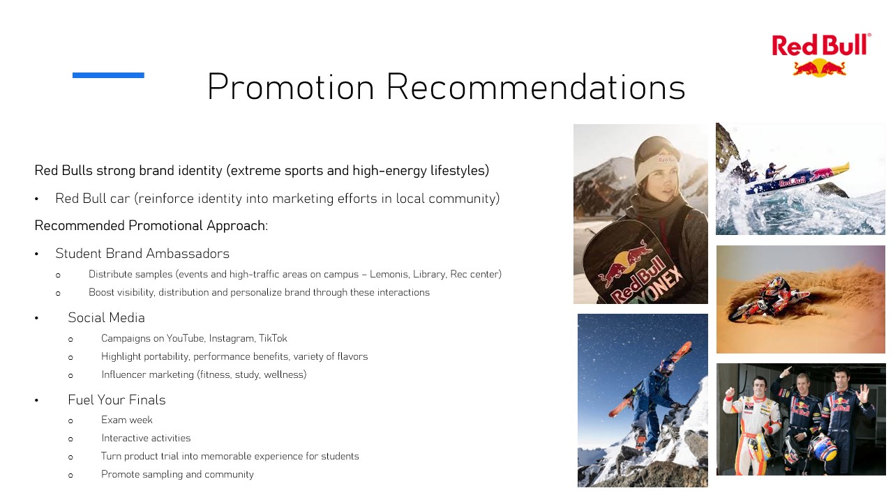 Red Bull Promotion Recommendations slide showing extreme sports marketing