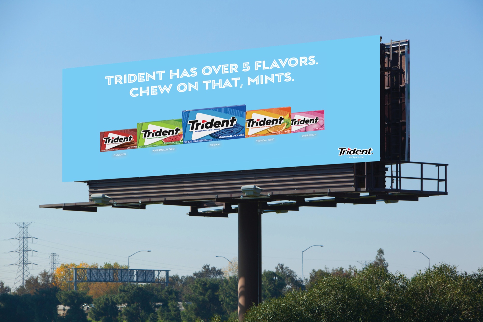 Trident billboard: 'Over 5 flavors. Chew on that, Mints.'