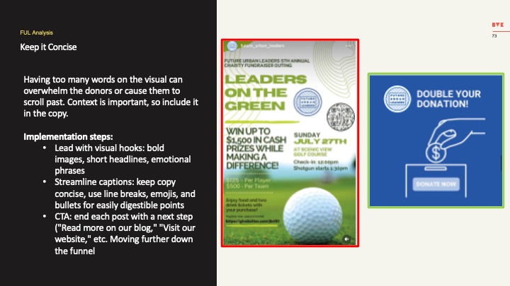 Future Urban Leaders concise copy recommendations with Leaders on the Green and donation graphics