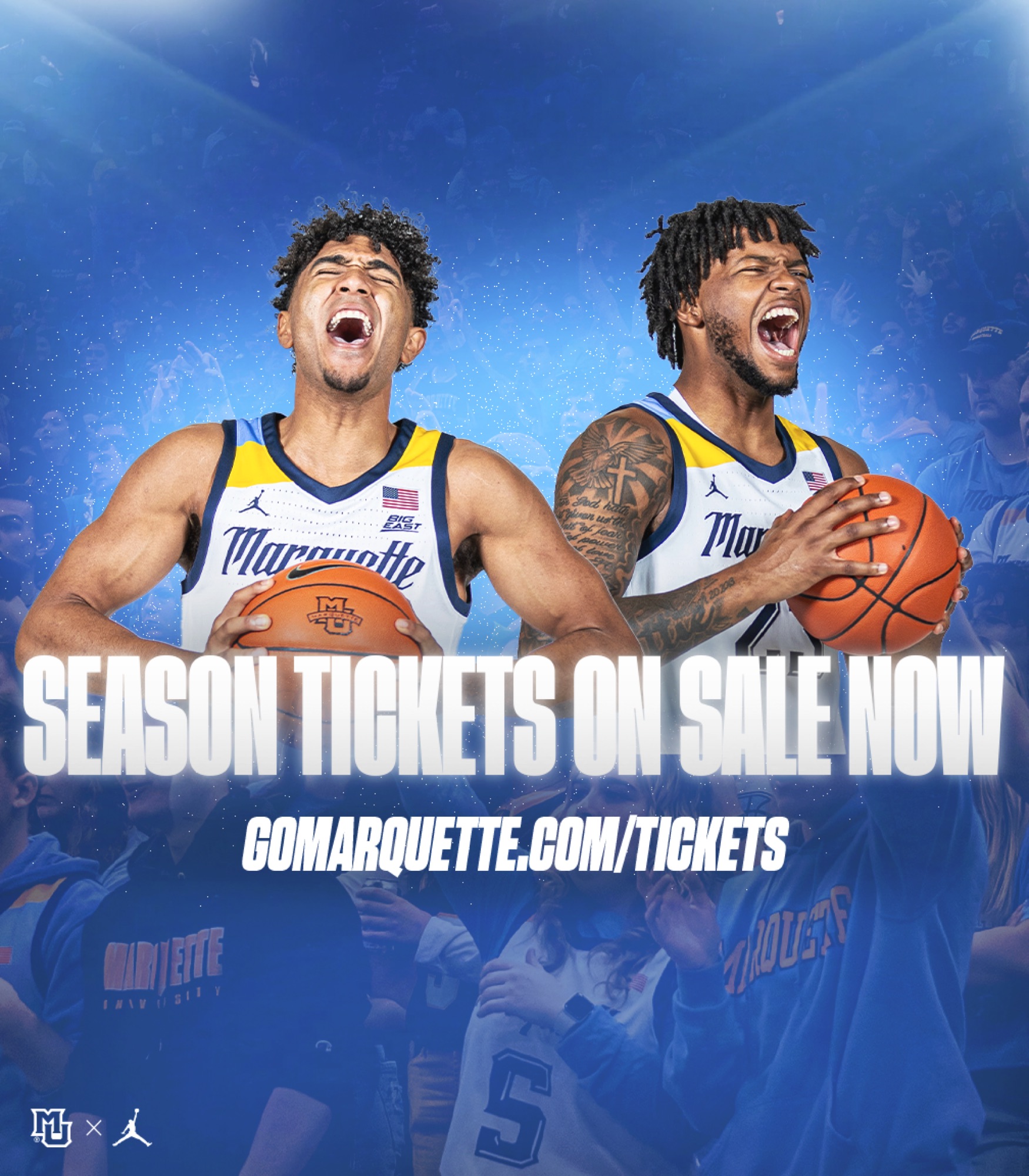 Marquette basketball players celebrating. Season tickets on sale now: gomarquette.com/tickets.